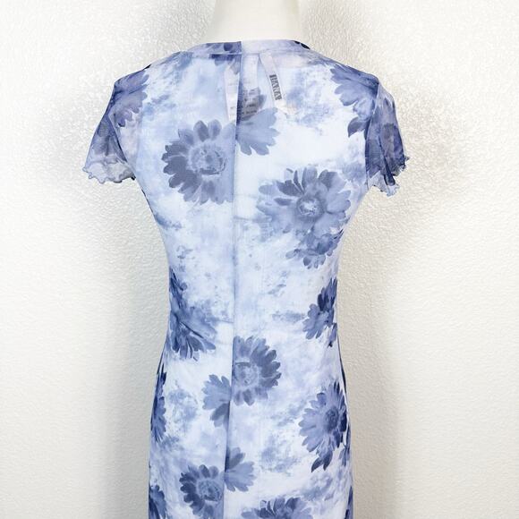 Hana 90s Y2K Vintage Sheer Mesh Overlay Floral Print T Shirt Midi Dress Blue S - Picture 7 of 12
